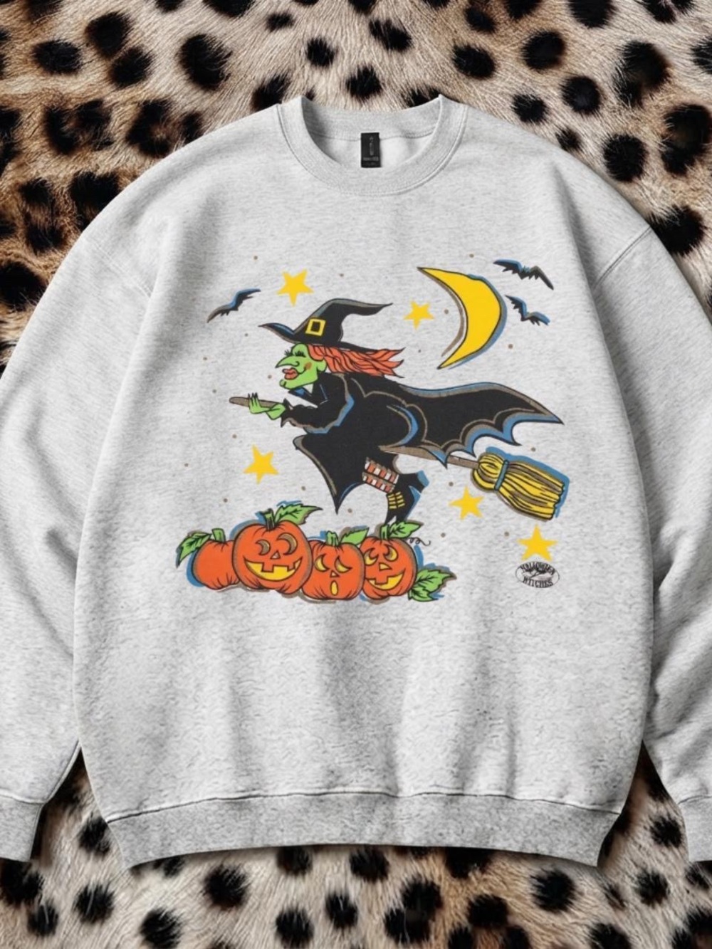 Gildan Gray Halloween Witch Graphic Sweatshirt with Orange Pumpkins